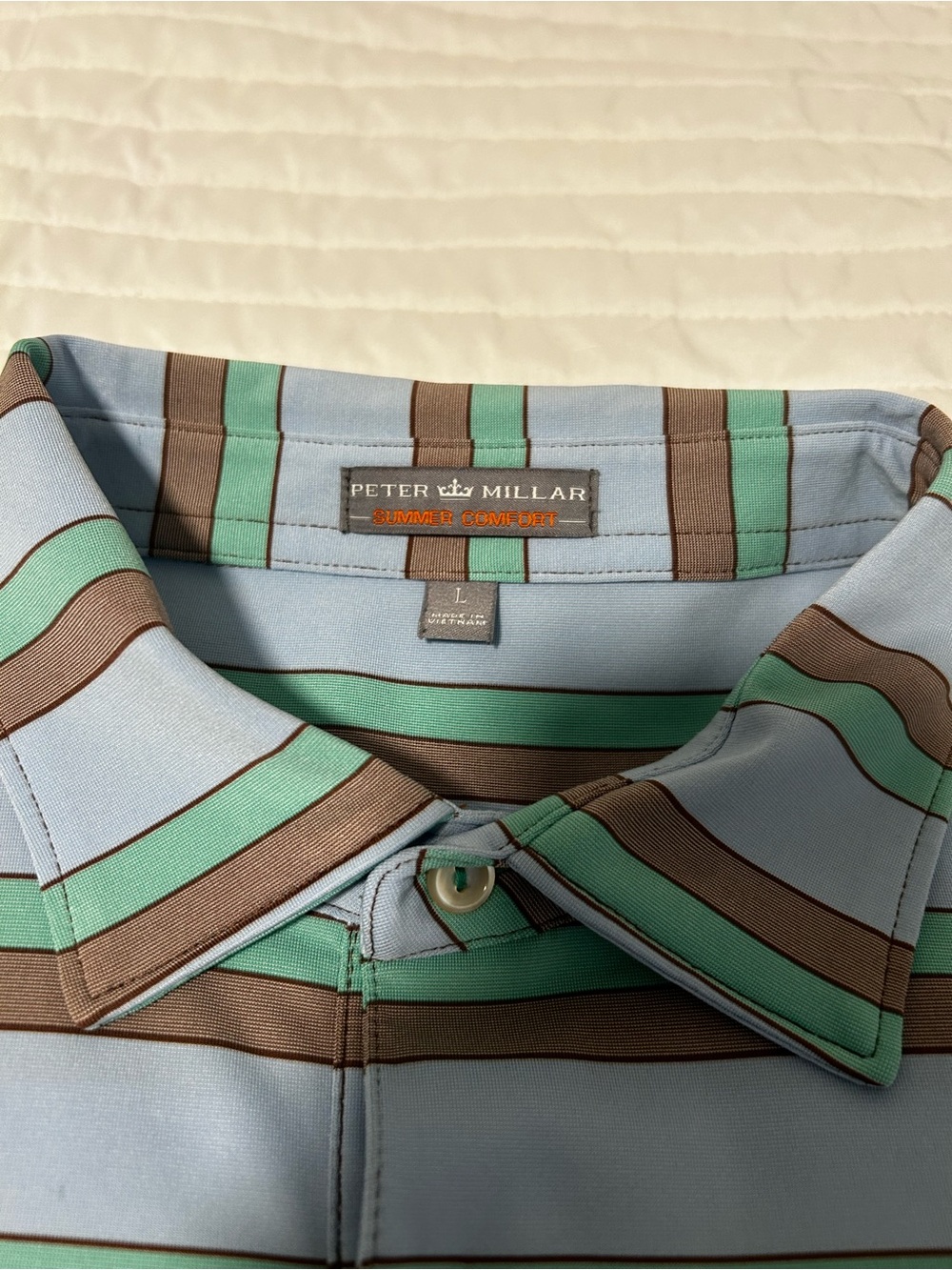 Peter Millar Men's Light Blue Polo with Mint Green & Brown Stripes